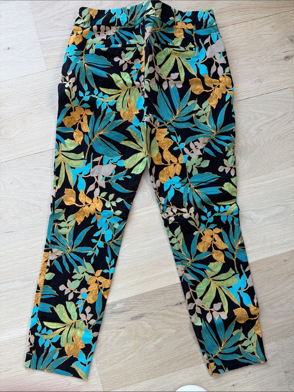 Chico's Black Pants with Teal, Green & Gold Botanical Print - Picture 7 of 9